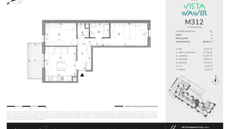 Rzut - Mieszkanie na sprzedaż 3 pokoje o powierzchni 60,92 m² - numer M312 w Vista Wawer
