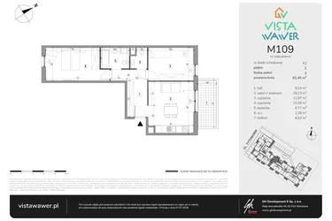 Rzut - Mieszkanie na sprzedaż 3 pokoje o powierzchni 61,45 m² - numer M109 w Vista Wawer