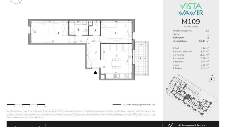 Rzut - Mieszkanie na sprzedaż 3 pokoje o powierzchni 61,45 m² - numer M109 w Vista Wawer