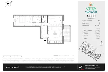 Rzut - Mieszkanie na sprzedaż 3 pokoje o powierzchni 61,45 m² - numer M309 w Vista Wawer