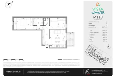 Rzut - Mieszkanie na sprzedaż 3 pokoje o powierzchni 62,71 m² - numer M113 w Vista Wawer