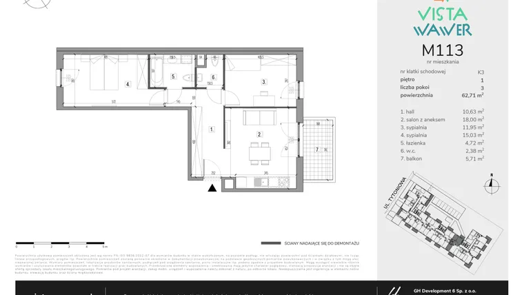 Rzut - Mieszkanie na sprzedaż 3 pokoje o powierzchni 62,71 m² - numer M113 w Vista Wawer