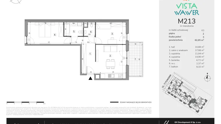 Rzut - Mieszkanie na sprzedaż 3 pokoje o powierzchni 62,65 m² - numer M213 w Vista Wawer