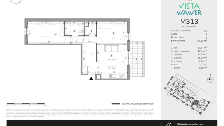 Rzut - Mieszkanie na sprzedaż 3 pokoje o powierzchni 62,61 m² - numer M313 w Vista Wawer