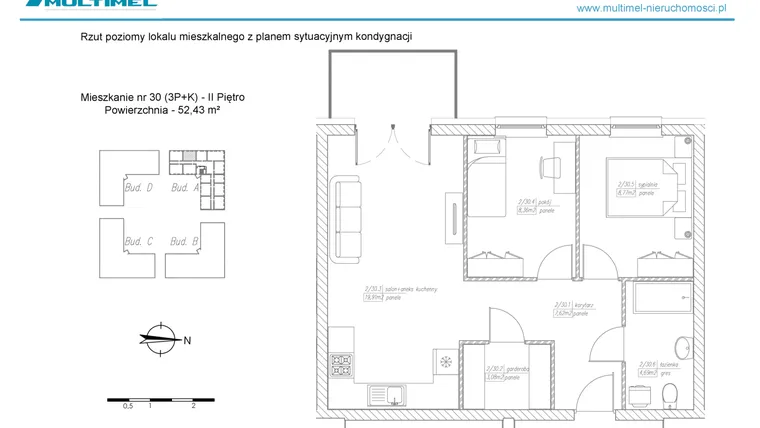 Rzut - Mieszkanie na sprzedaż 3 pokoje o powierzchni 52,43 m² - numer 30A w Dominów Rynek