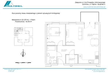 Rzut - Mieszkanie na sprzedaż 2 pokoje o powierzchni 52,09 m² - numer 22A w Dominów Rynek