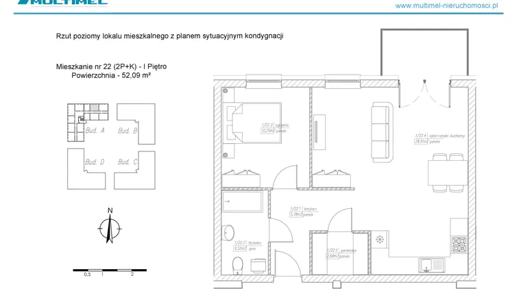 Rzut - Mieszkanie na sprzedaż 2 pokoje o powierzchni 52,09 m² - numer 22A w Dominów Rynek
