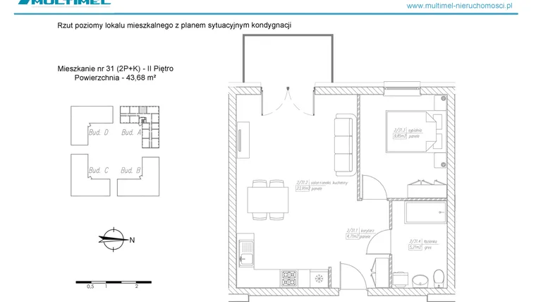 Rzut - Mieszkanie na sprzedaż 2 pokoje o powierzchni 43,68 m² - numer 31A w Dominów Rynek