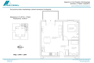 Rzut - Mieszkanie na sprzedaż 2 pokoje o powierzchni 43,68 m² - numer 31A w Dominów Rynek
