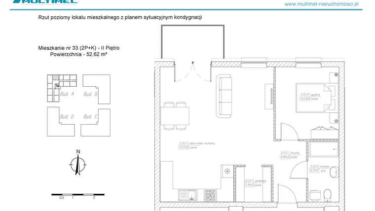 Rzut - Mieszkanie na sprzedaż 2 pokoje o powierzchni 52,62 m² - numer 33A w Dominów Rynek