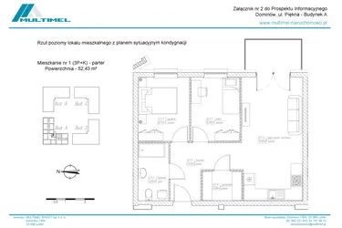 Rzut - Mieszkanie na sprzedaż 3 pokoje o powierzchni 52,6 m² - numer 1A w Dominów Rynek