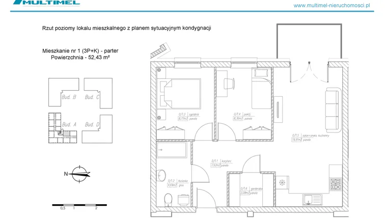 Rzut - Mieszkanie na sprzedaż 3 pokoje o powierzchni 52,6 m² - numer 1A w Dominów Rynek