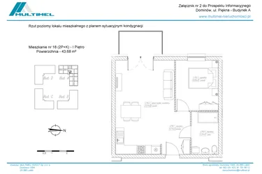 Rzut - Mieszkanie na sprzedaż 3 pokoje o powierzchni 43,68 m² - numer 18A w Dominów Rynek