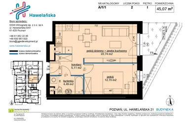 Rzut - Mieszkanie na sprzedaż 2 pokoje o powierzchni 45,07 m² - numer A/1/1 w Osiedle Hawelańska etap III - bud. A