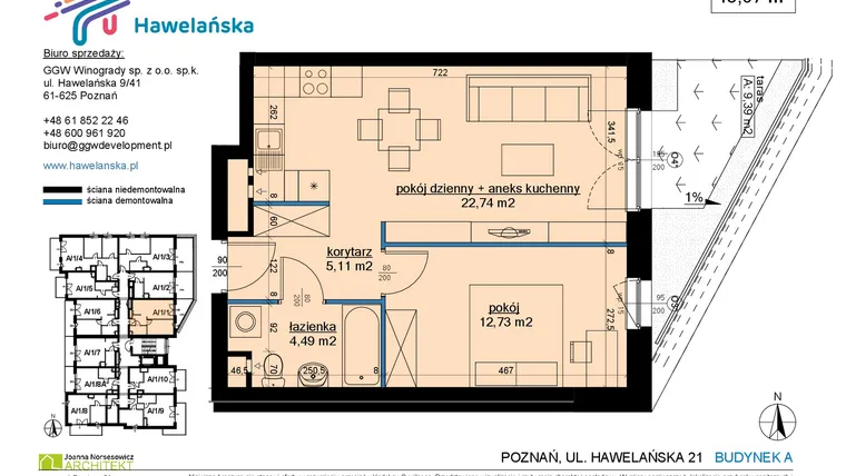 Rzut - Mieszkanie na sprzedaż 2 pokoje o powierzchni 45,07 m² - numer A/1/1 w Osiedle Hawelańska etap III - bud. A