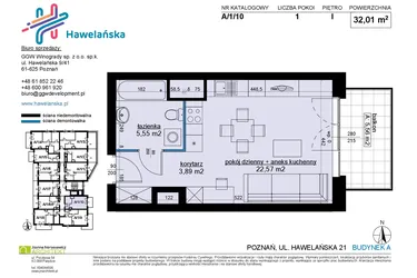Rzut - Mieszkanie na sprzedaż 1 pokój o powierzchni 32,01 m² - numer A/1/10 w Osiedle Hawelańska etap III - bud. A