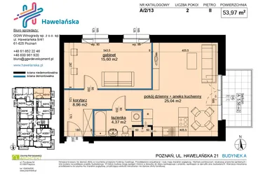 Rzut - Mieszkanie na sprzedaż 2 pokoje o powierzchni 53,97 m² - numer A/2/13 w Osiedle Hawelańska etap III - bud. A