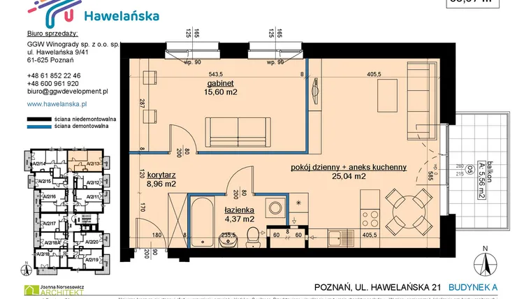 Rzut - Mieszkanie na sprzedaż 2 pokoje o powierzchni 53,97 m² - numer A/2/13 w Osiedle Hawelańska etap III - bud. A