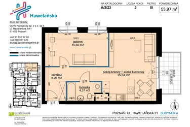 Rzut - Mieszkanie na sprzedaż 2 pokoje o powierzchni 53,97 m² - numer A/3/23 w Osiedle Hawelańska etap III - bud. A