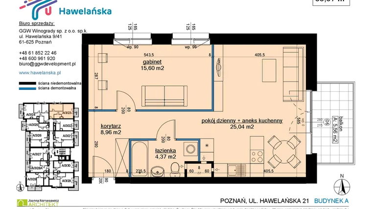 Rzut - Mieszkanie na sprzedaż 2 pokoje o powierzchni 53,97 m² - numer A/3/23 w Osiedle Hawelańska etap III - bud. A