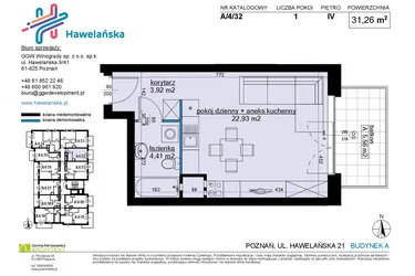 Rzut - Mieszkanie na sprzedaż 1 pokój o powierzchni 31,4 m² - numer A/4/32 w Osiedle Hawelańska etap III - bud. A