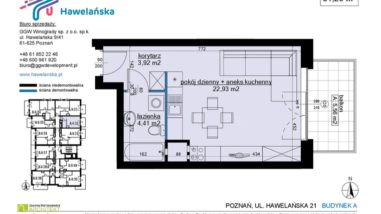 Rzut - Mieszkanie na sprzedaż 1 pokój o powierzchni 31,4 m² - numer A/4/32 w Osiedle Hawelańska etap III - bud. A