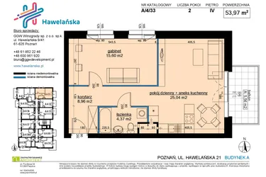 Rzut - Mieszkanie na sprzedaż 2 pokoje o powierzchni 54,14 m² - numer A/4/33 w Osiedle Hawelańska etap III - bud. A