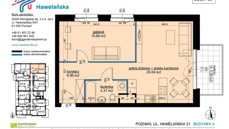 Rzut - Mieszkanie na sprzedaż 2 pokoje o powierzchni 54,14 m² - numer A/4/33 w Osiedle Hawelańska etap III - bud. A