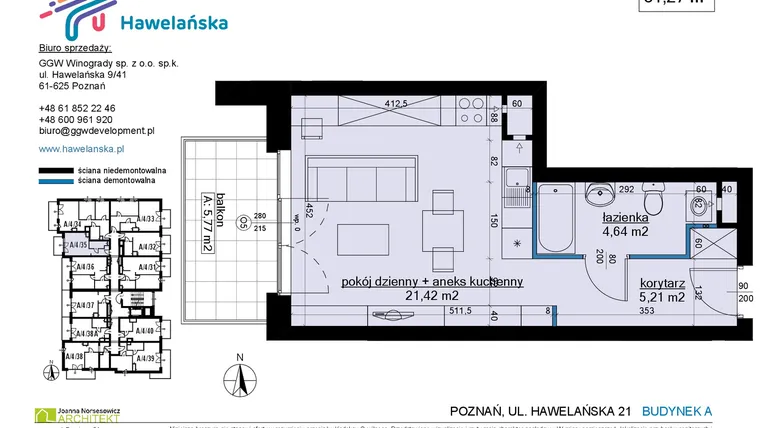 Rzut - Mieszkanie na sprzedaż 1 pokój o powierzchni 31,53 m² - numer A/4/35 w Osiedle Hawelańska etap III - bud. A