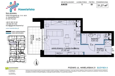 Rzut - Mieszkanie na sprzedaż 1 pokój o powierzchni 31,53 m² - numer A/4/35 w Osiedle Hawelańska etap III - bud. A