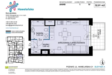 Rzut - Mieszkanie na sprzedaż 1 pokój o powierzchni 32,08 m² - numer A/4/40 w Osiedle Hawelańska etap III - bud. A