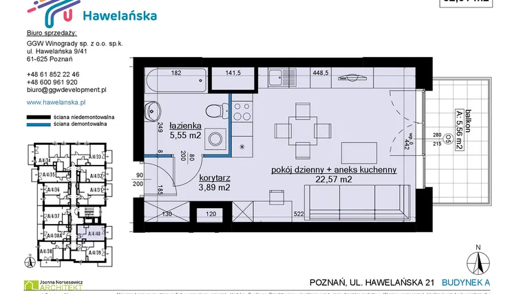 Rzut - Mieszkanie na sprzedaż 1 pokój o powierzchni 32,08 m² - numer A/4/40 w Osiedle Hawelańska etap III - bud. A