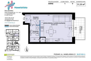 Rzut - Mieszkanie na sprzedaż 1 pokój o powierzchni 31,43 m² - numer A/5/42 w Osiedle Hawelańska etap III - bud. A