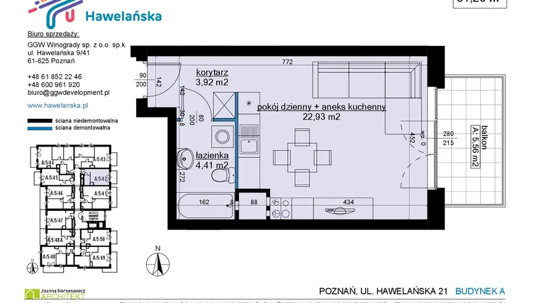 Rzut - Mieszkanie na sprzedaż 1 pokój o powierzchni 31,43 m² - numer A/5/42 w Osiedle Hawelańska etap III - bud. A