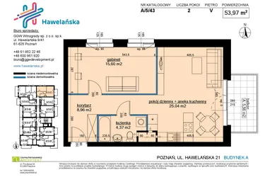 Rzut - Mieszkanie na sprzedaż 2 pokoje o powierzchni 54,33 m² - numer A/5/43 w Osiedle Hawelańska etap III - bud. A