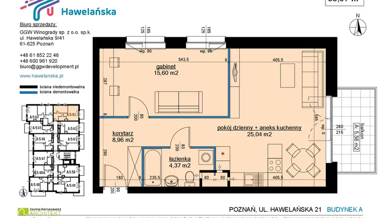 Rzut - Mieszkanie na sprzedaż 2 pokoje o powierzchni 54,33 m² - numer A/5/43 w Osiedle Hawelańska etap III - bud. A