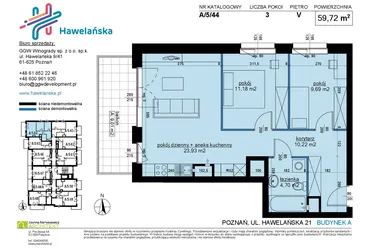 Rzut - Mieszkanie na sprzedaż 3 pokoje o powierzchni 59,79 m² - numer A/5/44 w Osiedle Hawelańska etap III - bud. A