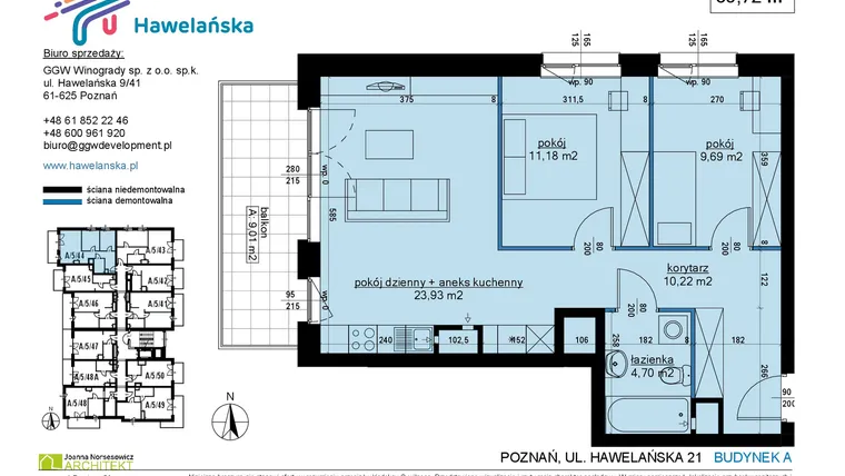 Rzut - Mieszkanie na sprzedaż 3 pokoje o powierzchni 59,79 m² - numer A/5/44 w Osiedle Hawelańska etap III - bud. A