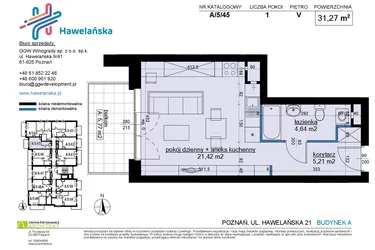 Rzut - Mieszkanie na sprzedaż 1 pokój o powierzchni 31,49 m² - numer A/5/45 w Osiedle Hawelańska etap III - bud. A
