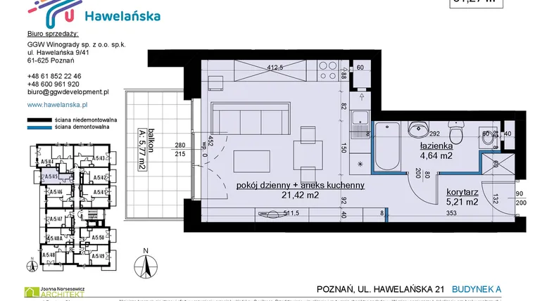 Rzut - Mieszkanie na sprzedaż 1 pokój o powierzchni 31,49 m² - numer A/5/45 w Osiedle Hawelańska etap III - bud. A