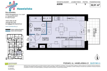 Rzut - Mieszkanie na sprzedaż 1 pokój o powierzchni 32,05 m² - numer A/5/50 w Osiedle Hawelańska etap III - bud. A