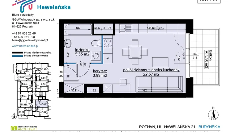 Rzut - Mieszkanie na sprzedaż 1 pokój o powierzchni 32,05 m² - numer A/5/50 w Osiedle Hawelańska etap III - bud. A