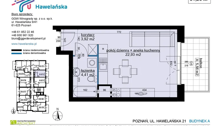 Rzut - Mieszkanie na sprzedaż 1 pokój o powierzchni 31,42 m² - numer A/6/52 w Osiedle Hawelańska etap III - bud. A