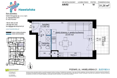 Rzut - Mieszkanie na sprzedaż 1 pokój o powierzchni 31,42 m² - numer A/6/52 w Osiedle Hawelańska etap III - bud. A