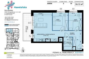 Rzut - Mieszkanie na sprzedaż 3 pokoje o powierzchni 60,1 m² - numer A/6/54 w Osiedle Hawelańska etap III - bud. A