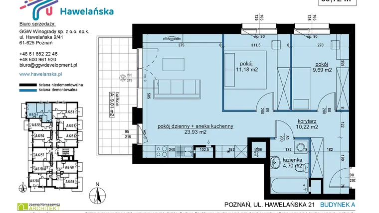 Rzut - Mieszkanie na sprzedaż 3 pokoje o powierzchni 60,1 m² - numer A/6/54 w Osiedle Hawelańska etap III - bud. A