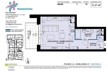 Rzut - Mieszkanie na sprzedaż 1 pokój o powierzchni 31,44 m² - numer A/6/55 w Osiedle Hawelańska etap III - bud. A