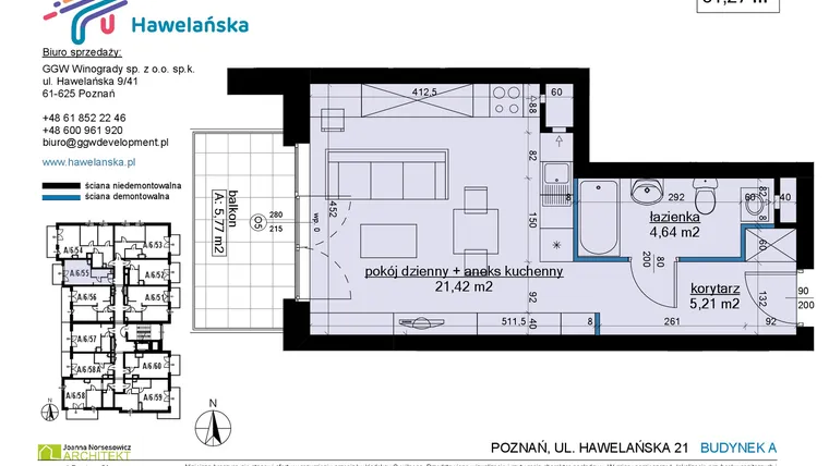 Rzut - Mieszkanie na sprzedaż 1 pokój o powierzchni 31,44 m² - numer A/6/55 w Osiedle Hawelańska etap III - bud. A
