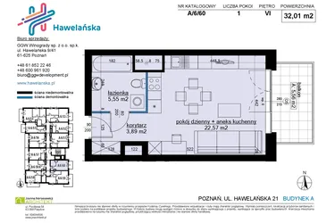 Rzut - Mieszkanie na sprzedaż 1 pokój o powierzchni 32,06 m² - numer A/6/60 w Osiedle Hawelańska etap III - bud. A