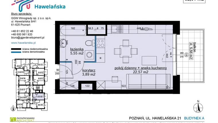 Rzut - Mieszkanie na sprzedaż 1 pokój o powierzchni 32,06 m² - numer A/6/60 w Osiedle Hawelańska etap III - bud. A